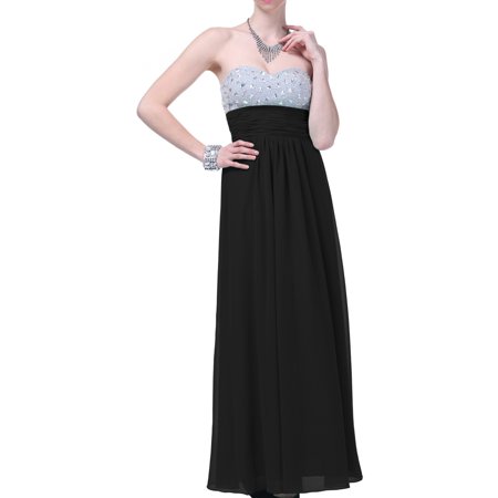 Faship Womens Crystal Beading Full Length Evening Gown Formal Dress Black -