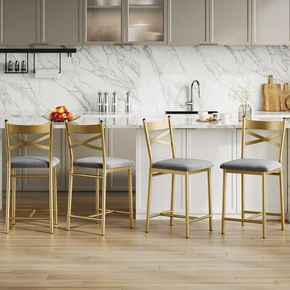 Set of Modern Bar Stools with Back & Footrest, Comfortable Upholstered Counter Height Stools for Kitchen Island & Breakfast Bar