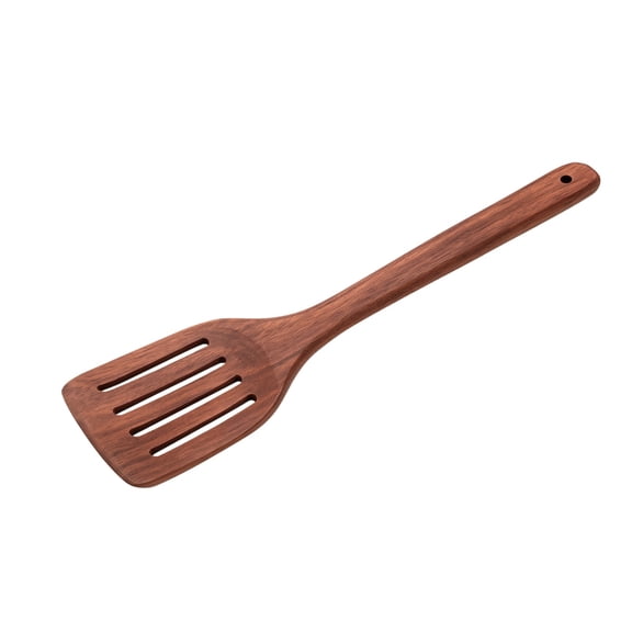 Dark Wooden Slotted Cooking Turner with Long Handle, Flat Kitchen Spatula for Flipping, Stirring and Serving