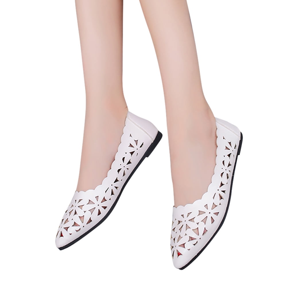 Women Flats Shoes Shallow Flat Heel Hollow Out Flower Shape Nude Shoes Pointed-Toe Shoes 