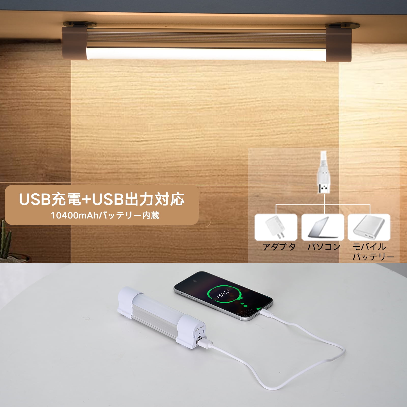 LETOUR LED Tube Work Light 10000 Lumens 10400mAh 3 Colour Stepless Brightness Dimming Camping Lantern USB Rechargeable Portable Lights with 2 Magnets
