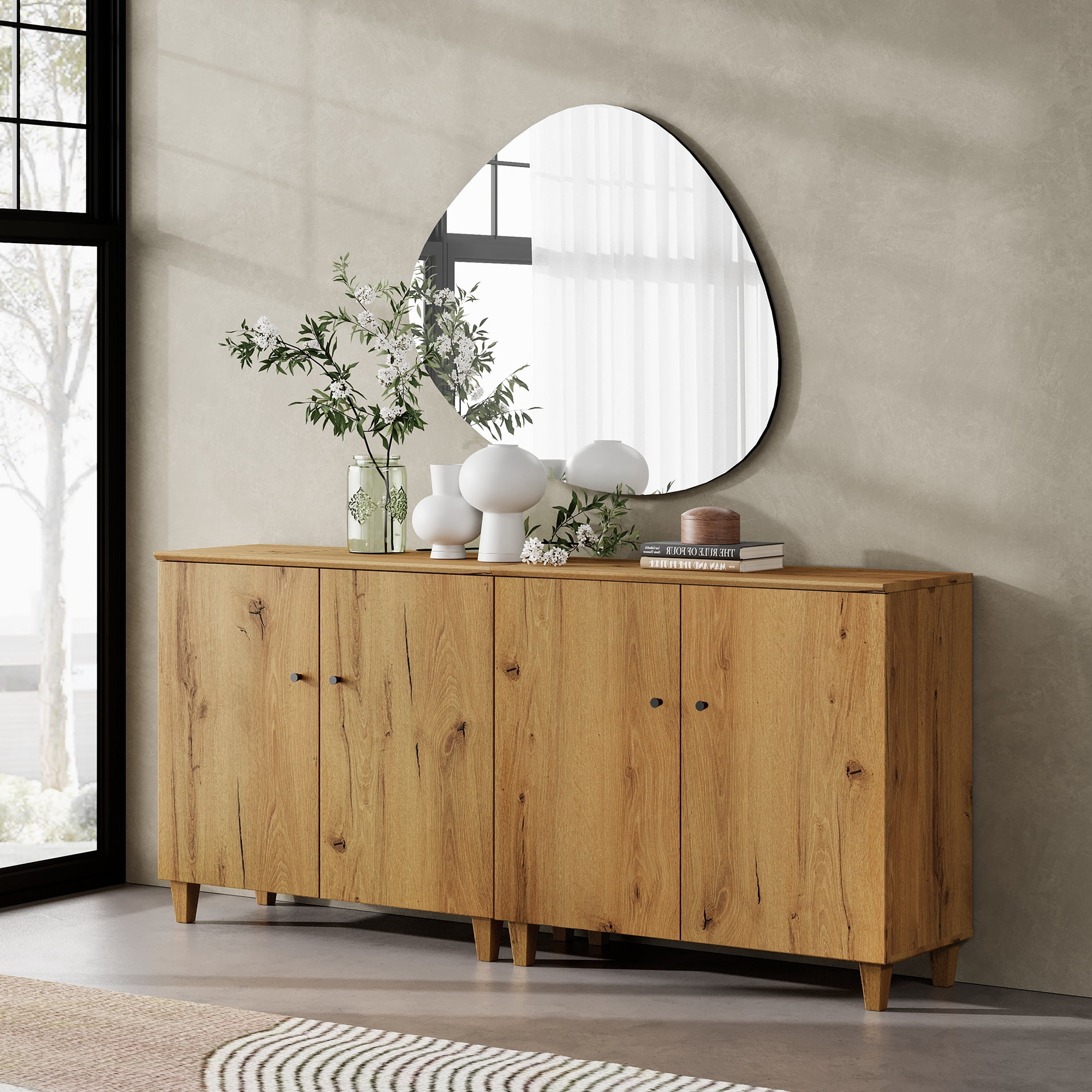 Set of 2 Buffet Cabinet Sideboard with Wood Doors, Fixed Shelves and Solid Wood Legs For Kitchen Dining Room, 36" W, Brown Wood
