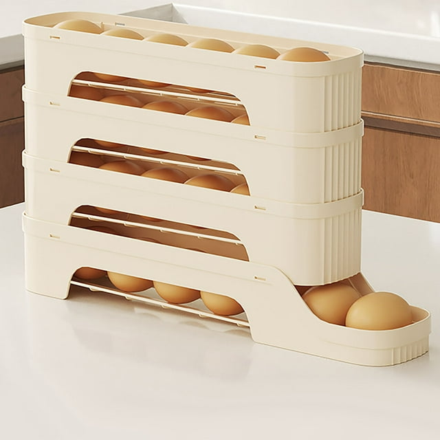 Czzoypi Support à Œufs Transparent pour Réfrigérateur (Beige), Distributeur d'Œufs Transparent pour Réfrigérateur Économiseur d'Espace Plateau à Œufs Automatique Cuisine Ovale 4 Couches Support de Rangement pour Œufs