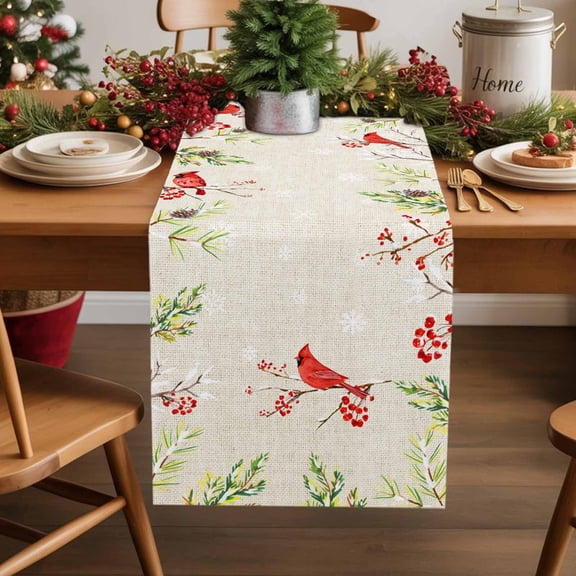 Burlap Table Runner 36 Inches Long,Winter Farmhouse Red Bird Non-Slip Kitchen Table Runners for Dining Room Everyday Use Party Table Decorations Tree Branch Snowflake on Retro