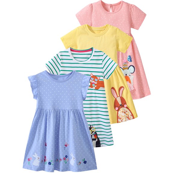 SXIMEE 2-7Y Toddler Girls Summer Dress Cotton Casual Flutter Sleeve Dresses Girls Sundress - Dots Rabbit