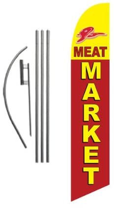 Meat Market Advertising Feather Banner Swooper Flag Sign with Flag Pole Kit  and Ground Stake