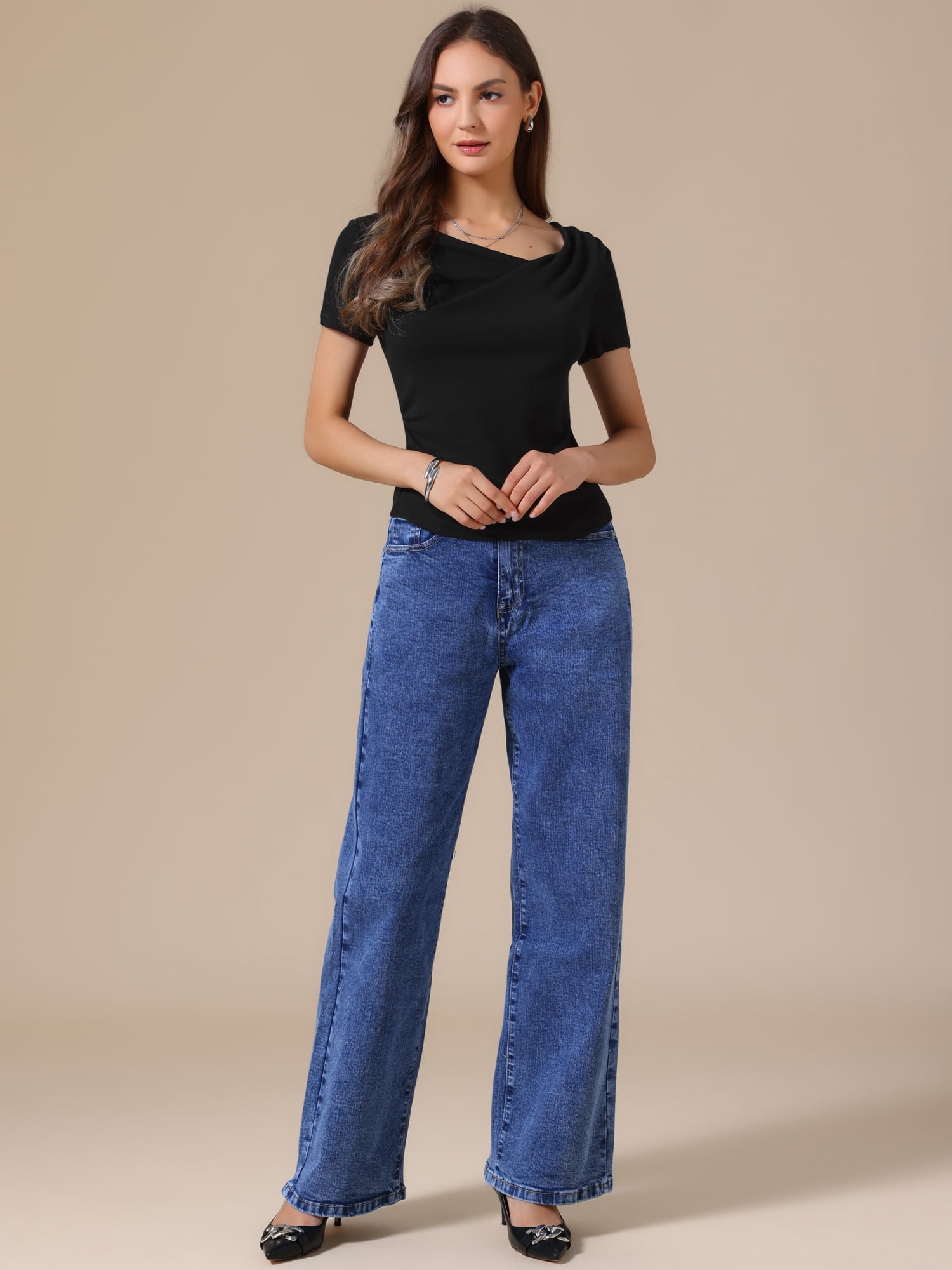 DARING DIVA Women's Short Sleeves Top Ruched Going Out Crop Slim Tee Blouse L Black