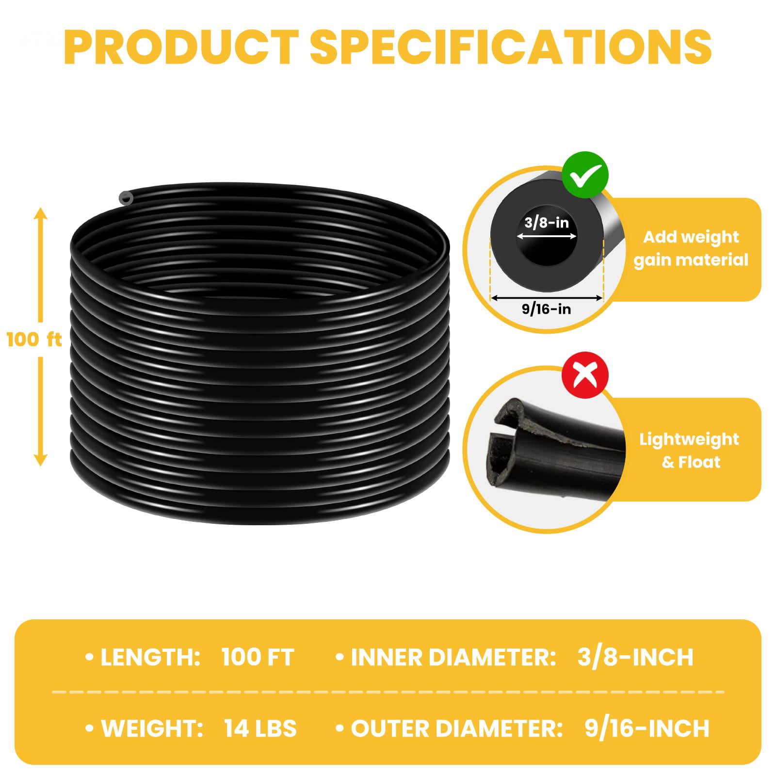 Self Sinking Weighted Air Hose, 3/8 Inch 100 Ft Pond Aeration Tubing with 4 Copper Menders and 4 Stainless Steel Clamps, Non-Clogging Interior Hose for Garden & Lake Water Circulation