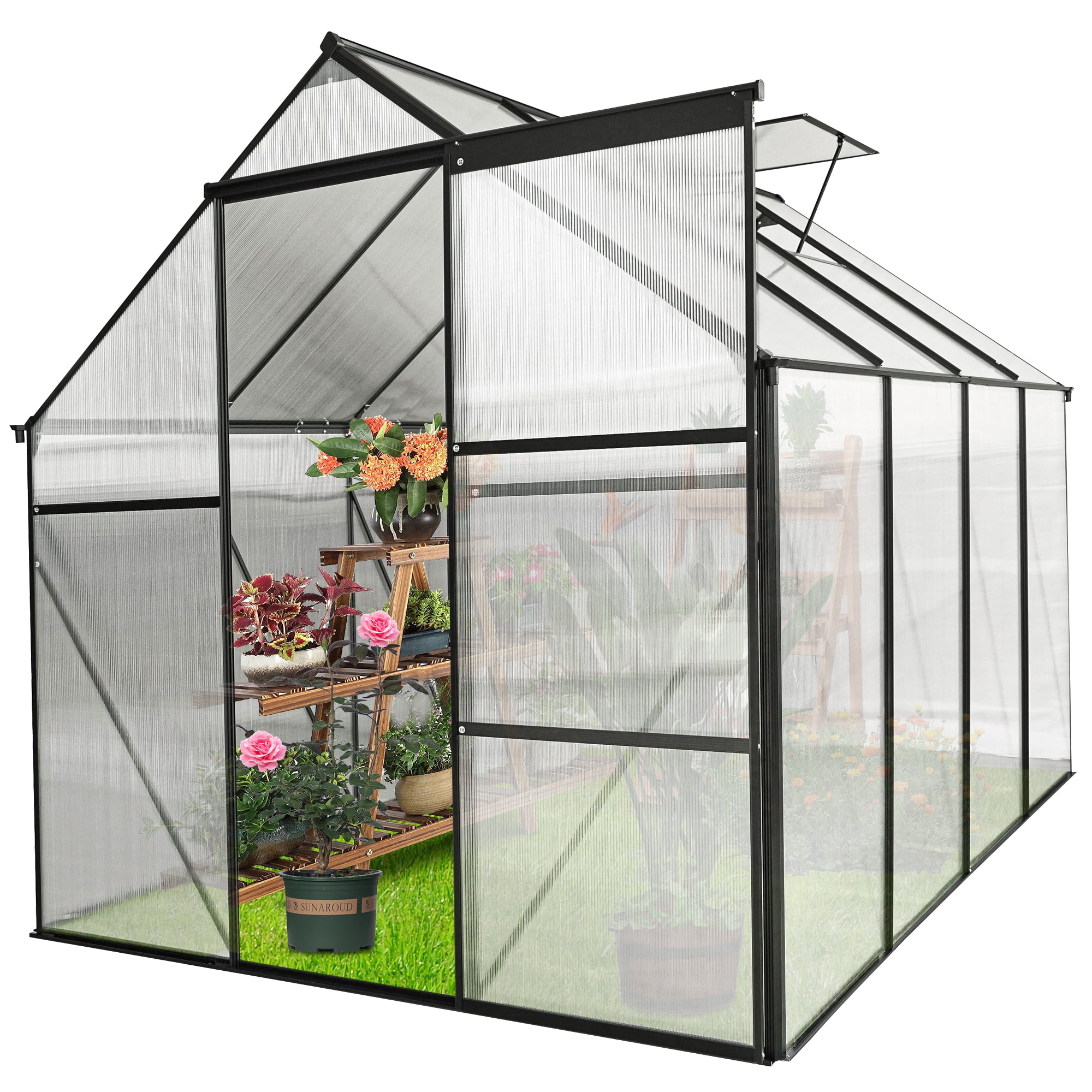 Outop 6’ x 8’ Walk-In Polycarbonate Greenhouse, Sliding Door and Raised Base