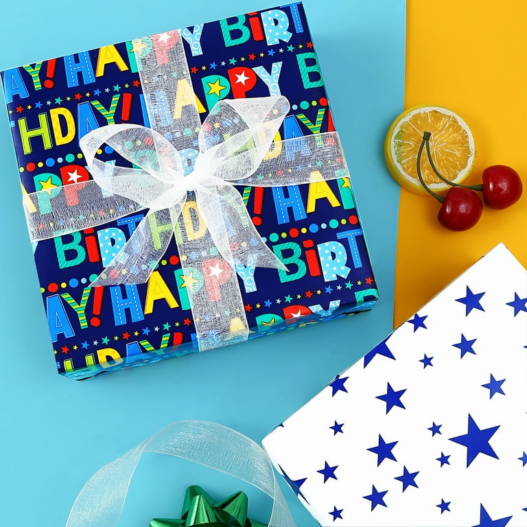 CAMKUZON Reversible Birthday Wrapping Paper Roll for Boys Girls Kids Men  Women - Colorful Happy Birthday Lettering Balloon and Stars - Gift Wrap  Paper