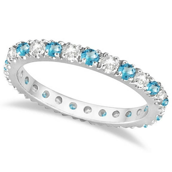 Diamond and Blue Topaz Eternity Ring Stack Band 14K White Gold (0.64ct)