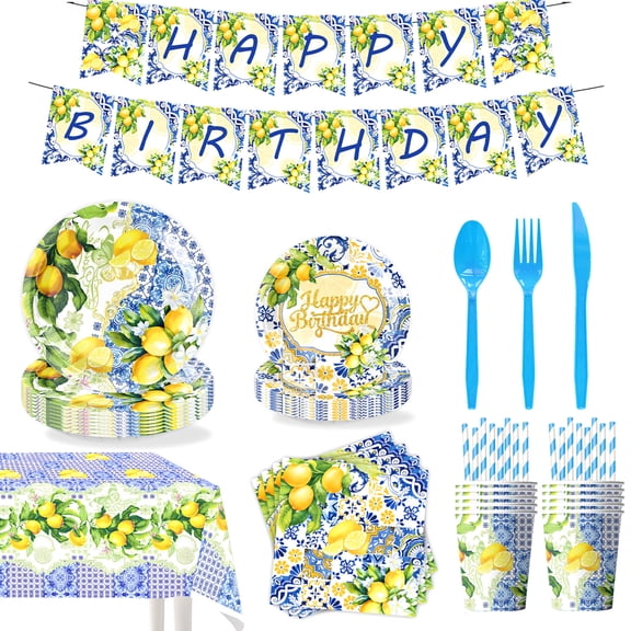 162Pcs Capri Lemon Party Supplies, Blue Tiles Yellow Birthday Decorations, Lemon Tableware Plates Napkins, Cups, Cutlery, Banner, Tablecloth for Summer Party, Serves 20 Guests