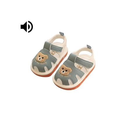 

Virmaxy Baby Leather Sandals with Squeaker Breathable Non-Slip First Walker Shoes Cute Print Hook and Loop Closure Beige-1 16