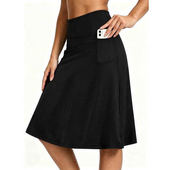 DENTOYOU Skorts Skirts for Women with Pockets Knee Length Skort High Waisted Pickleball Athletic Skirts Casual Tennis Golf Skirts UV Protection Black L