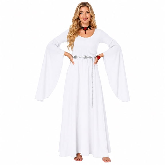 Halloween Medieval Costume for Women, Round Neck Batwing Sleeve Long Dress with Flowing Full Skirt, Vintage Renaissance Gown for Halloween Party, Medieval Faire and Cosplay