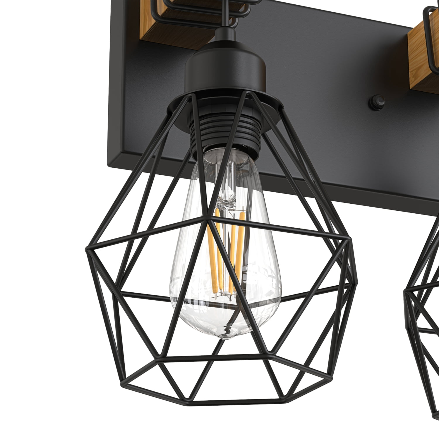 YANSUN 20.9 in 3-Light Industrial Cage Vanity Light, Black Metal and Wood Wall Sconce for Bathroom and Hallway(Bulbs Not Included)