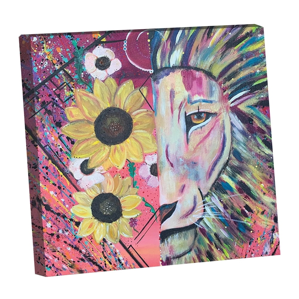 Lion Flower Splatter Design by Artist Sarah Wahl - 14"x14" Canvas Artwork 30 x 30