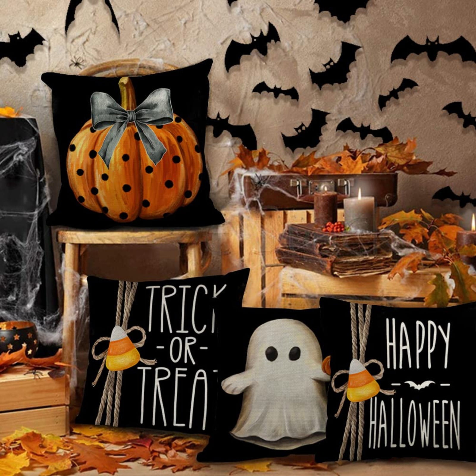 Halloween Pillow Covers Set Of 4 - 18x18 Inch Orange Polka Dot Pumpkin & Black Cat Designs, Linen Fabric