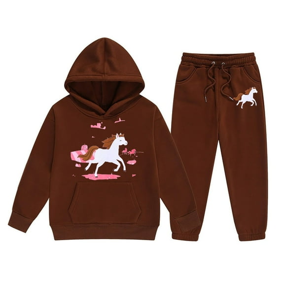 Tween Outfits for Girls Sets Winter Cartoon Horse Print Hooded Sweatshirt Joggers With Drawstring Pocket Ranch Style Long Sleeve Fall Girls Clothes Brown Size 10-11T