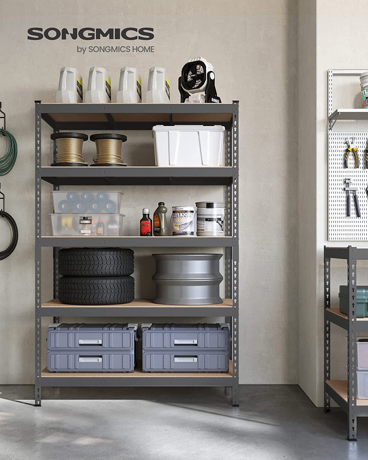 5-Tier Storage Shelves Metal Garage Storage, Boltless Assembly Adjustable Shelving Unit, 17.7 x 35.4 x 70.9 Inches, Load 1929 lb, for Shed Warehouse Basement Kitchen Gray