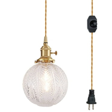 FSLiving No Wiring Needed Pendant Light with 15ft Plug-in Gold Braided Cord Dimmable Hanging Swag Lamp Clear Glass Globe Shade with Copper Lamp Holder for Reading Room,Bulb Sold Separately - 1 Light