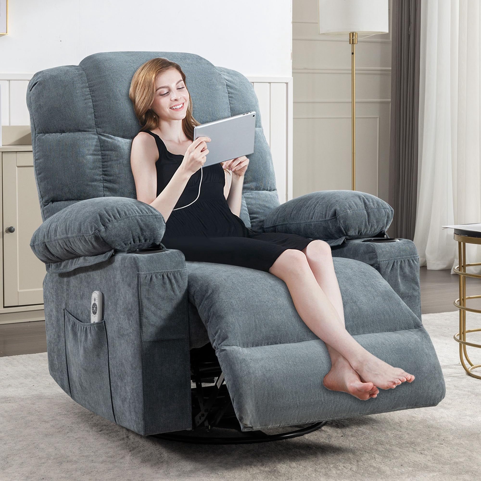 CARZZI LIFE Oversized Massage Swivel Recliner Chair with Lumbar Heating for Living Room Rocker Recliner Single Sofa with Cup Holders and USB Charge Port, Large Big Chair Recliners for Adult