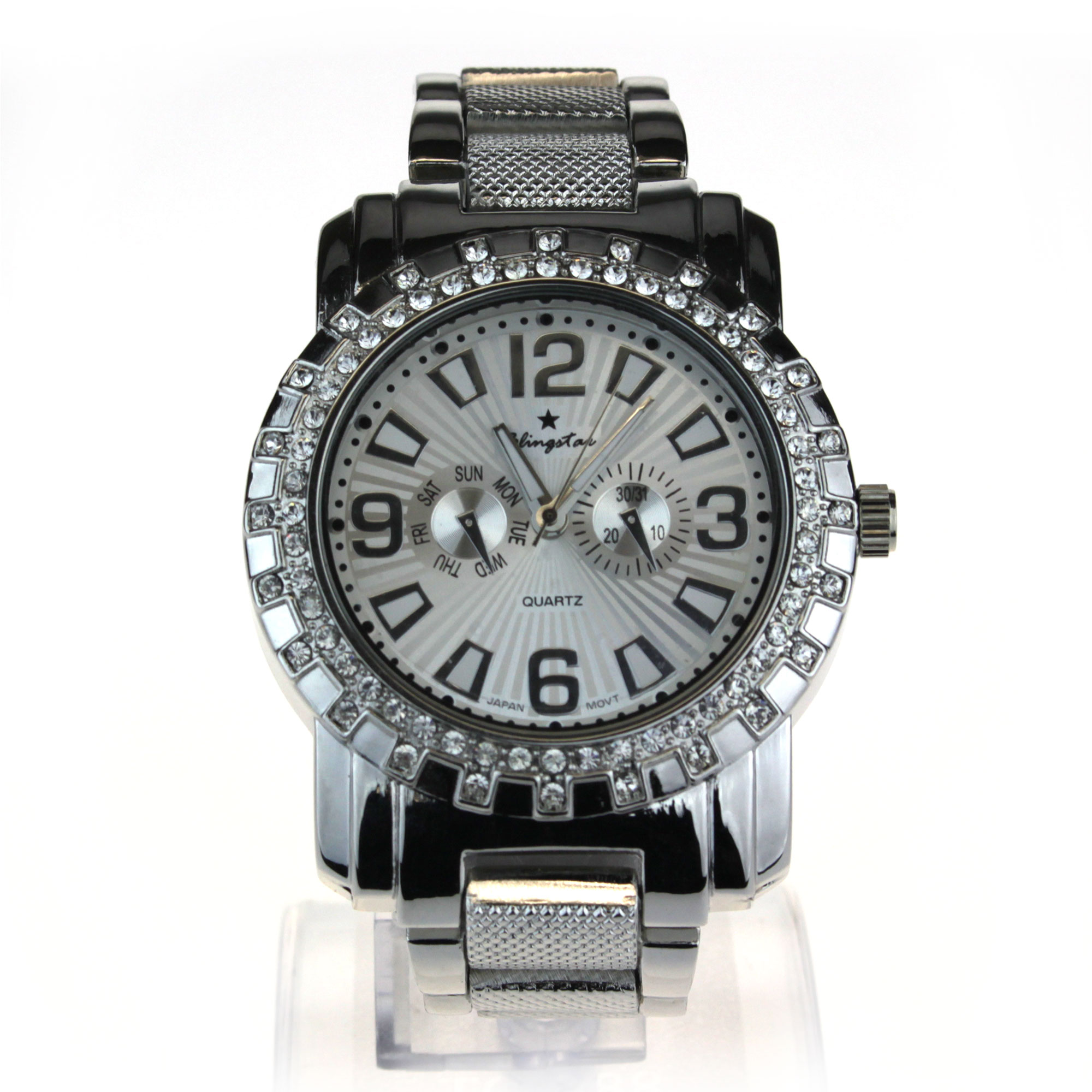 Mens Rhinestone Bling Luxury Hip Hop Baller Silver Iced Out Metal Watch