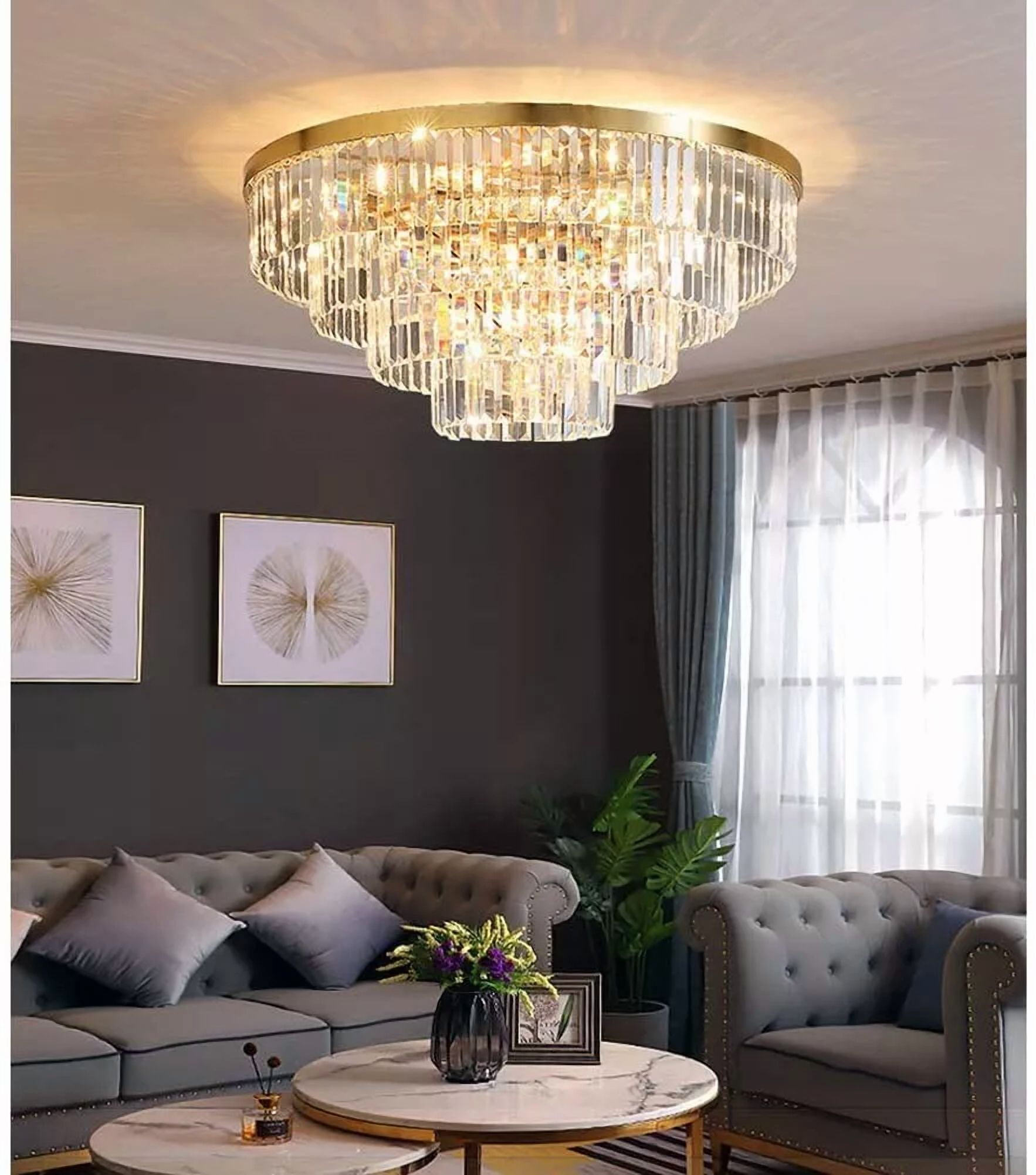 LUOLAX 23.6" Round Postmodern Crystal Flush Mount Ceiling Light  - 4-Tier Transparent K9 Prisms & Gold Iron Finish for Living Room/Bedroom (No Bulbs Included)