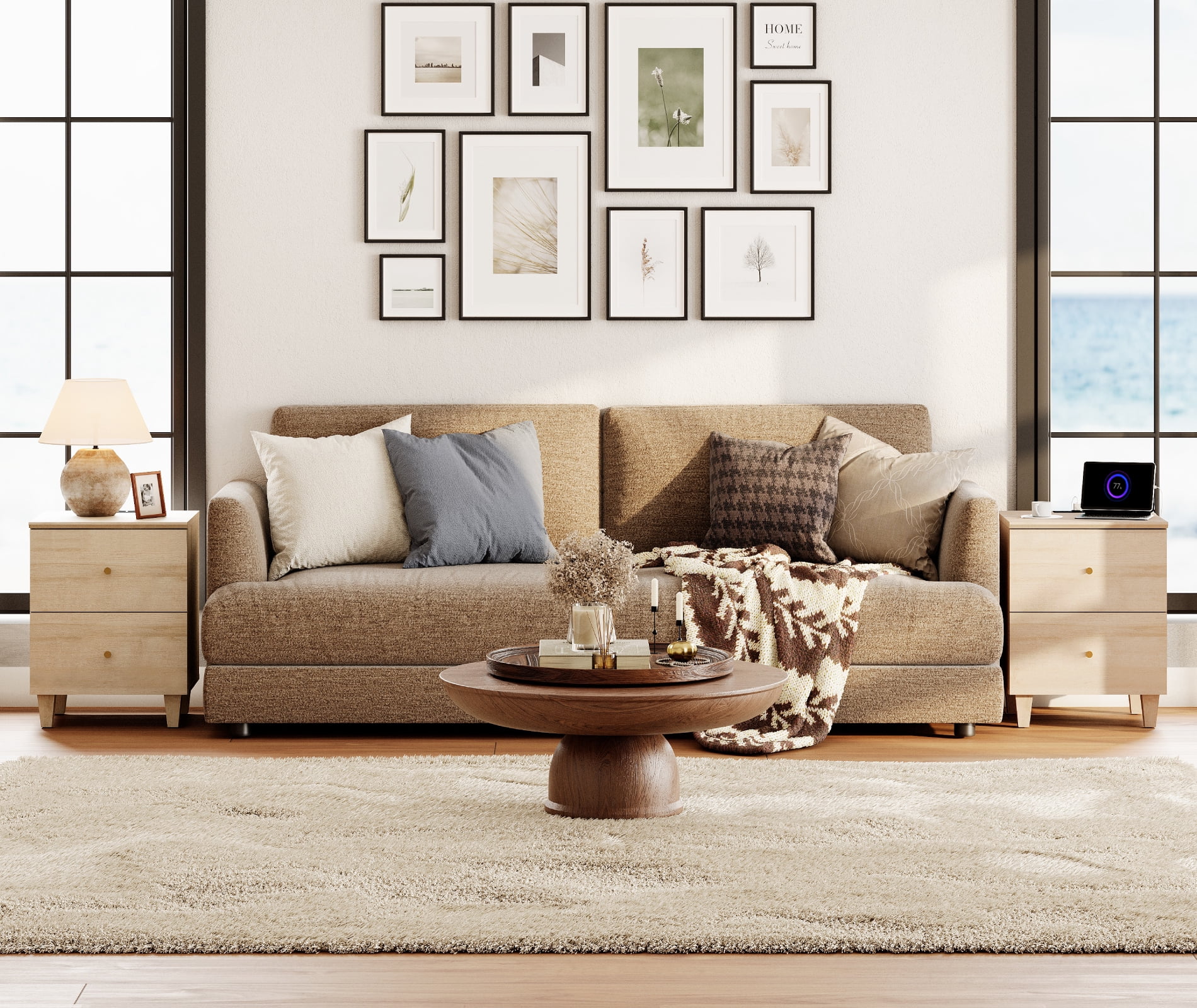 Modern End Tables Set of 2, Wooden Side Tables with 2 Storage Drawers and Charging Station, Small Nightstands for Living Room, Natural Oak