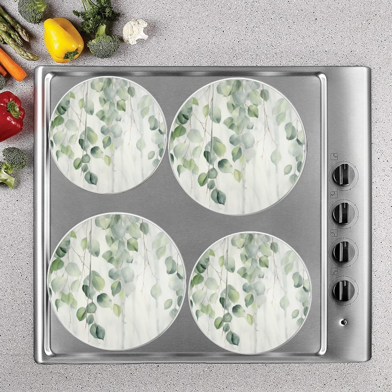 BaHomeck Electric Stove Burner Covers Set of 4,Round Metal Gas Stove Burner Covers 8 Inch and 10 Inch,Kitchen Decor,White Background With Eucalyptus Leaves Hanging Down In The Foreground