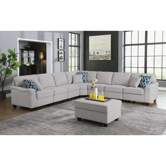 Leo 125" Light Gray Linen 8-Piece Modular L-Shape Sectional Sofa with Ottoman for US Homes