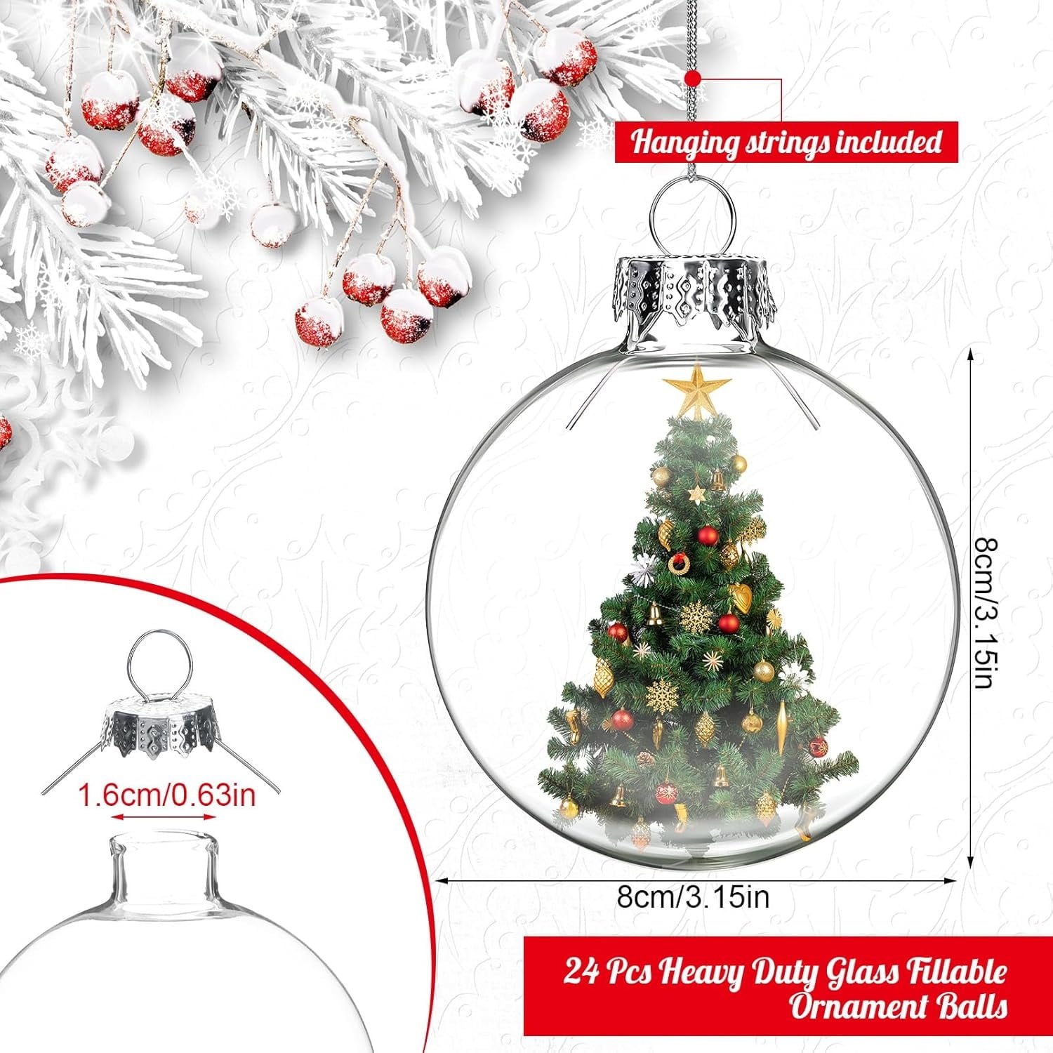 Clear Plastic Ornament Balls,DIY Fillable Christmas Balls,24 Pcs 3.15 inch Hanging Ornaments Round Balls with Removable Top for Halloween,Christmas,Birthday,Wedding,Party,Xmas Tree Decor