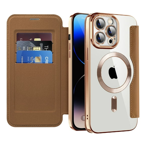 Allytech Magnetic Wallet Case for Apple iPhone 15 Pro Max, RFID Blocking PU Leather Clear Back Cover Compatible with Magsafe Wireless Charging Anti-Scratch Phone Case for iPhone 15 Pro Max, Brown