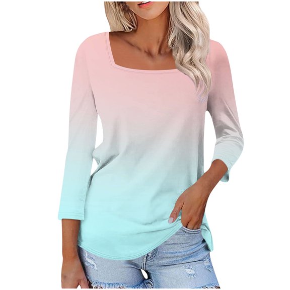 Women's 3/4 Sleeve Square Neck T Shirts Ombre Tie Dye Casual Summer Tops Fashion Loose Shirts Tees Plus Size