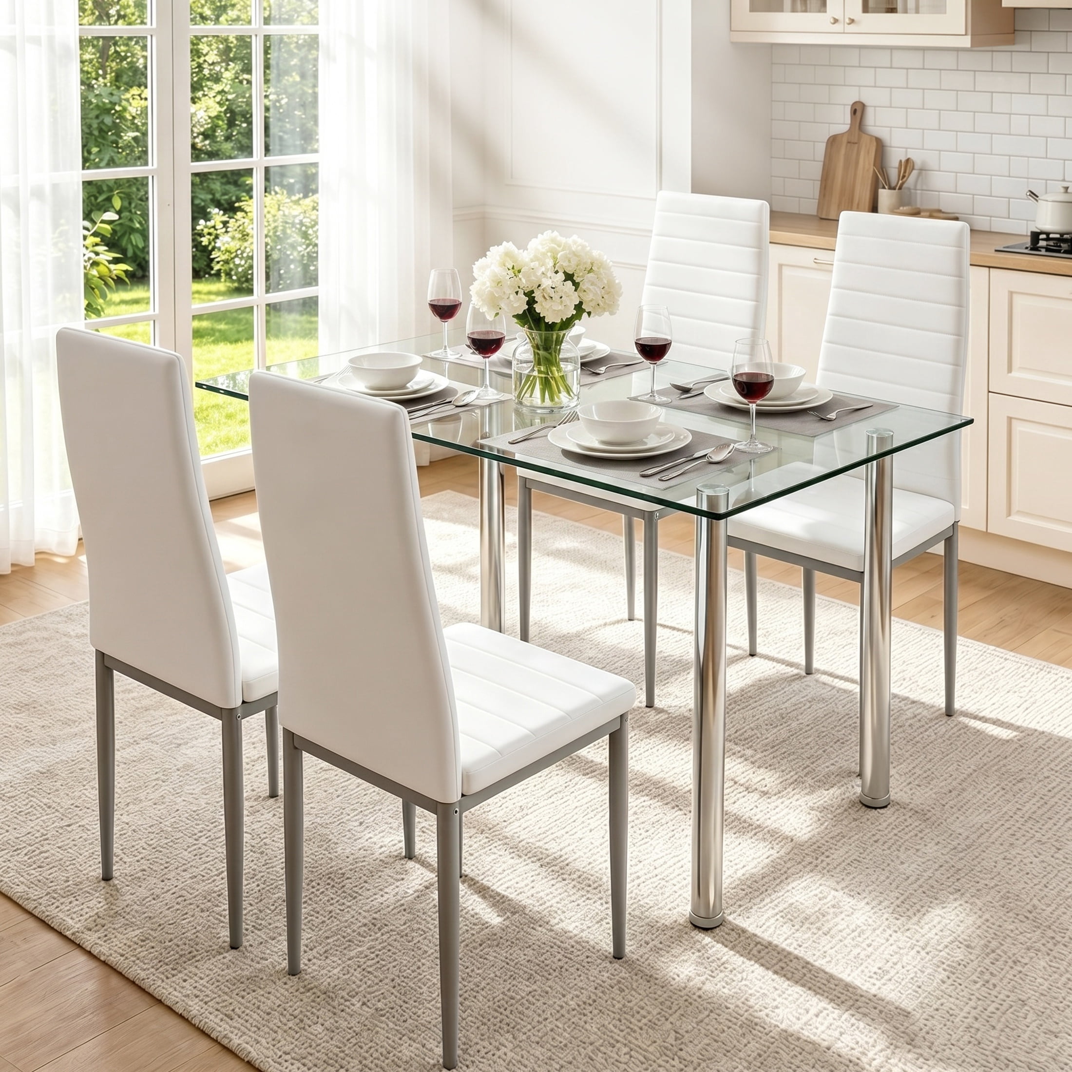 UHOMEPRO White Kitchen Table Set, 5 Pieces Dining Table Set, Tempered Glass Dining Table and Chairs Set for 4, Upgraded Iron Dining Room Table Set with 4 PU Leather Chairs
