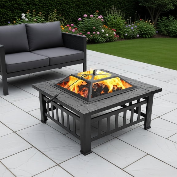 32in Square Metal Fire Pit Heavy Duty Outdoor Iron Mesh Wood Burning Stove with Mesh Spark Screen Lid Poker Accessories for Backyard Patio Garden Courtyard Camping Heating Gathering Black