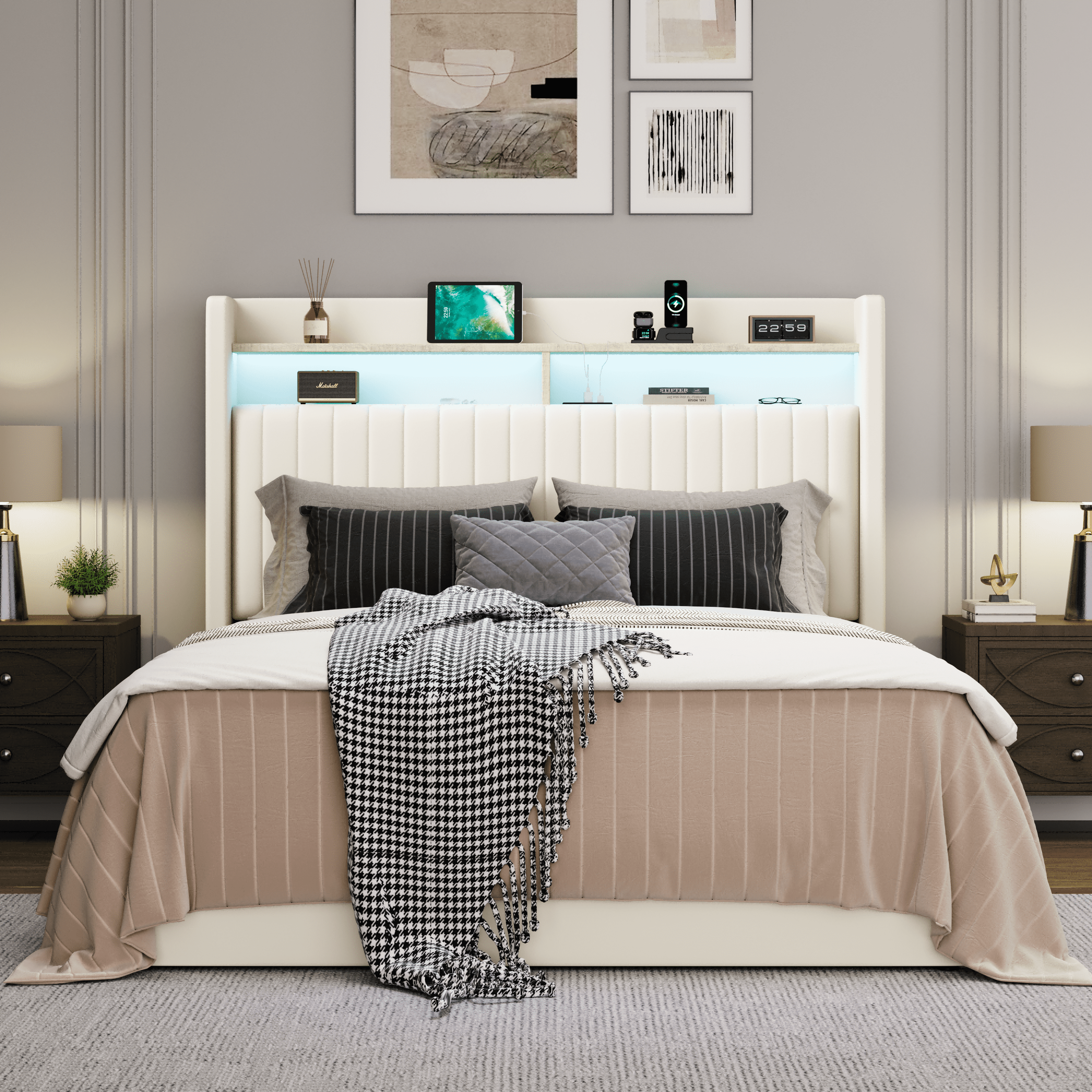 Amolife Full Hydraulic Lift-Up Storage Bed Frame, LED Headboard with Fast Charging (USB/Type-C), 2-Tier Shelves & Velvet Upholstered, Cream