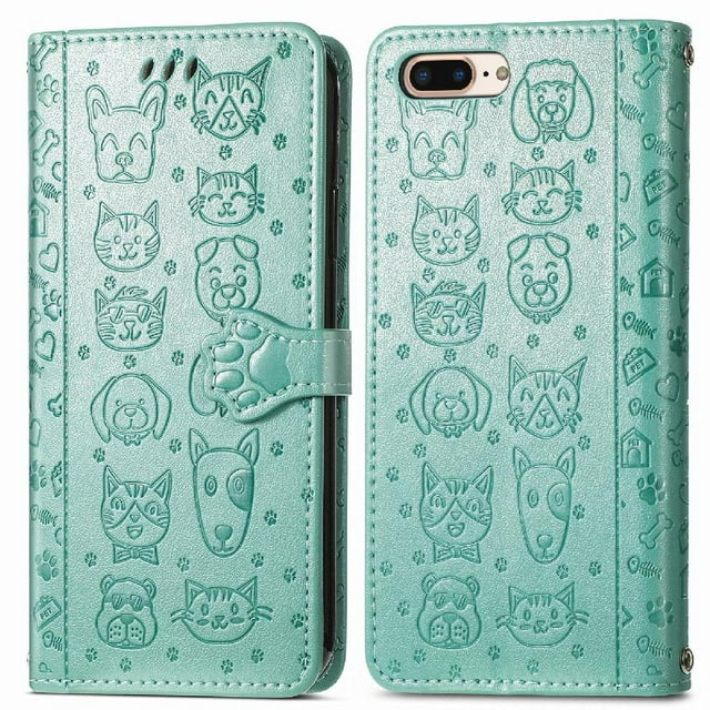 Funda Cartera FOXDOCK para iPhone 8 Plus/7 Plus , Flip PU con Relieve de Gatos y Perros, Tarjetero y Soporte