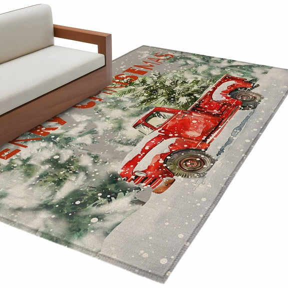 Grey Christmas Area Rug 3x5 FT, Non Slip Entryway Bedside Carpet, Red Truck Xmas Tree Snowflake Washable Soft Floor Carpet Indoor Mat Non-Shedding Throw Rug for Dorm Kitchen Home Office