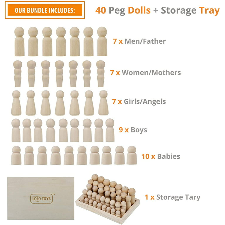 Wooden Peg Dolls Unfinished People - Pack of 40 with Storage Case In  Assorted Sizes - Natural Wood Shapes Figures, Decorative Doll Bodies for  Diy Arts