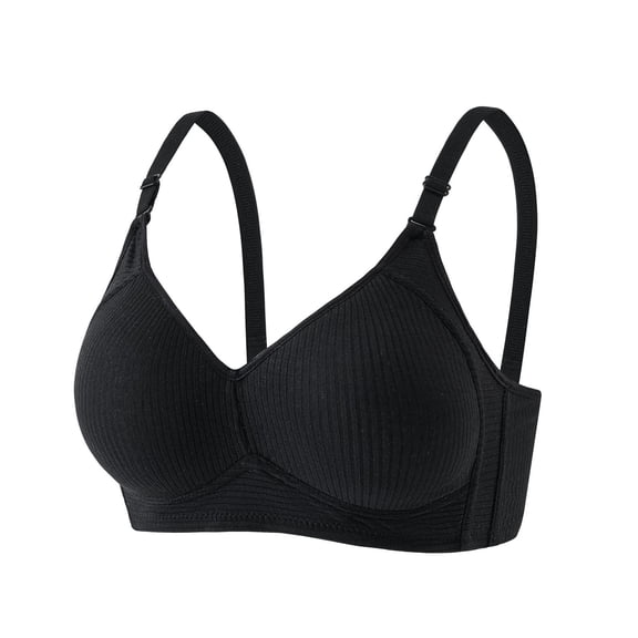 VISALY Women's Wireless Ribbed Comfort Bra Adjustable Strap Lightweight Everyday Sleep Bra Full Coverage Bras Comfortable Lift Bust Shaping Bra No Underwire Bralette V Neck Support Bras Black L