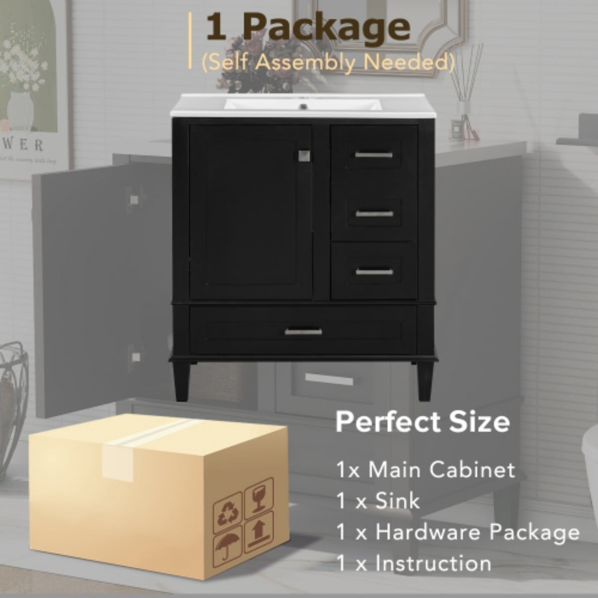30" Bathroom Vanity with Ceramic Sink, Freestanding Bathroom Cabinet, Soft Close Door, 3 Drawers, Solid Wood Frame, Black
