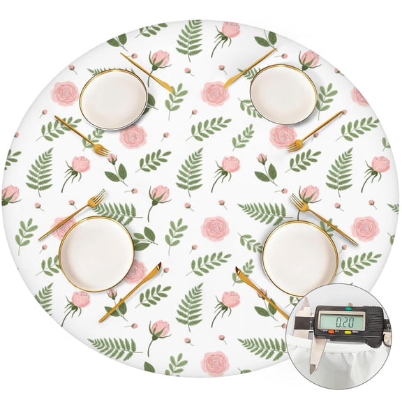 Pioneer Flower Floral Print Pattern Round Fitted Tablecloth with Elastic Edge, Waterproof Dining Table Cover for Indoor Outdoor Camping and Daily Use