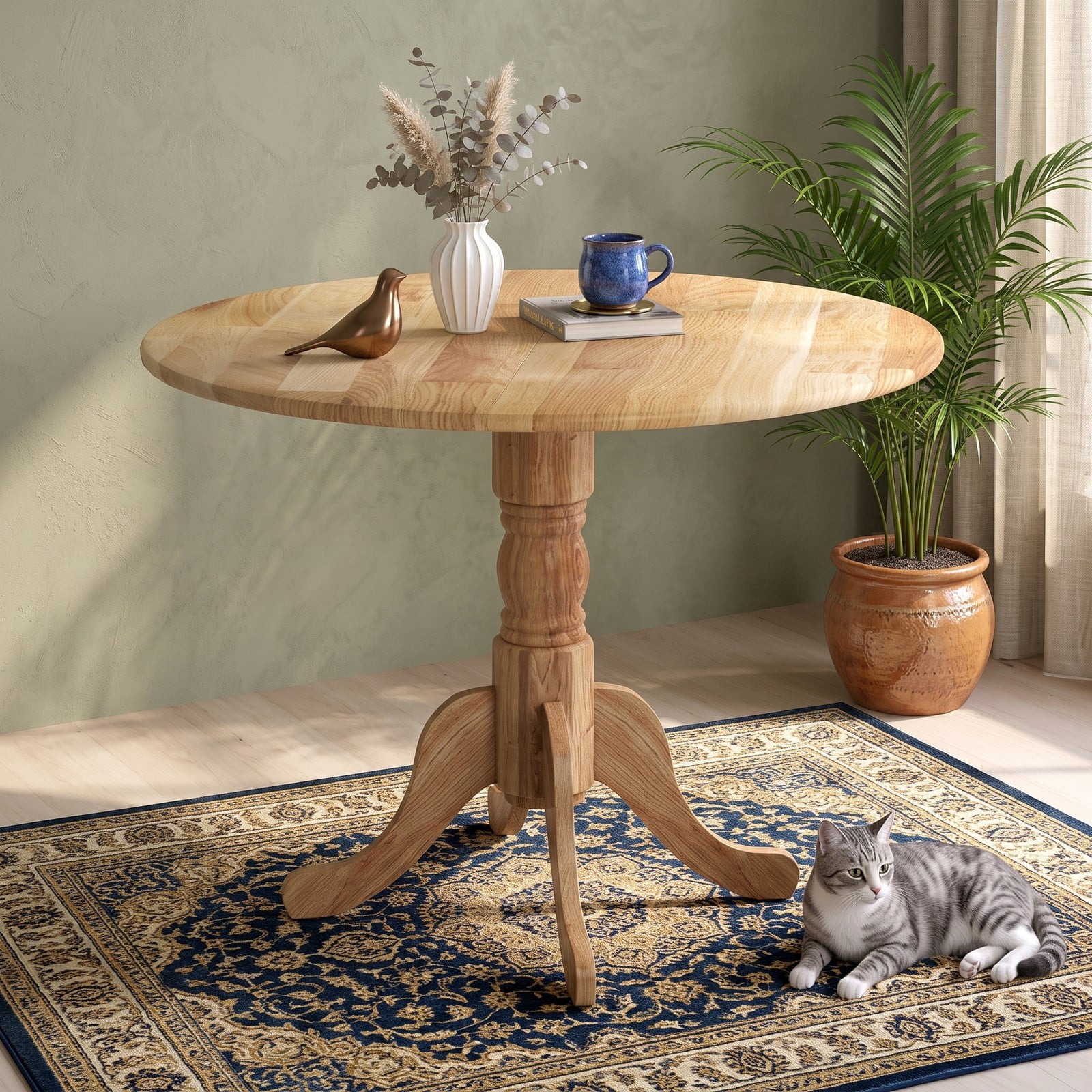 Furnibear Round Wooden Dining Table for 4, Kitchen Dinner Table with Curved Trestle Legs and Adjustable Foot Pads, Rubber Wood Small Dining Room Table, 39 Inch, Natural