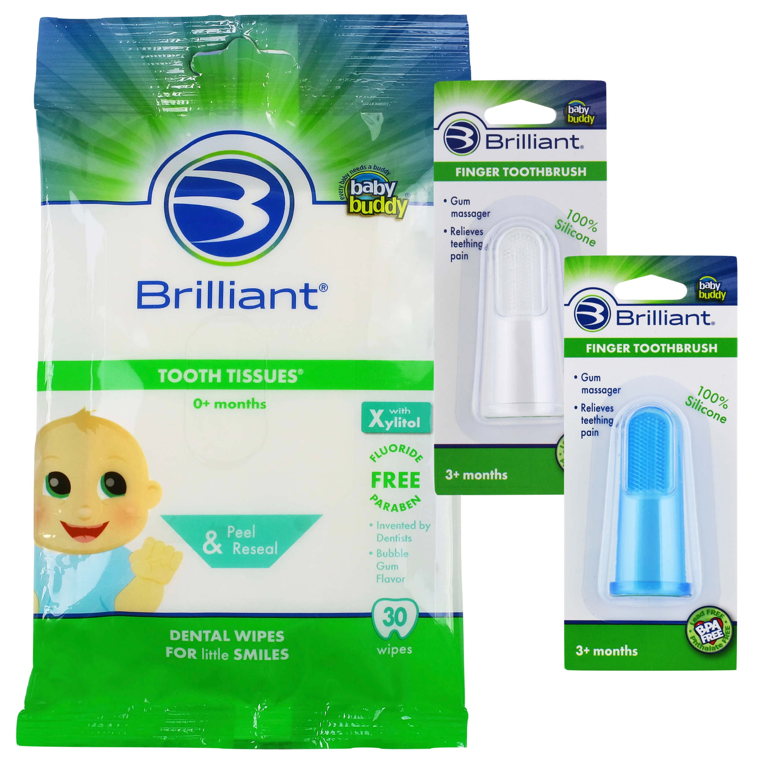 Brilliant Bundle - Tooth Tissues Bubblegum Flavor 30 Count with Soft Silicone Baby Finger Toothbrushes, Blue-Clear, 2 Count