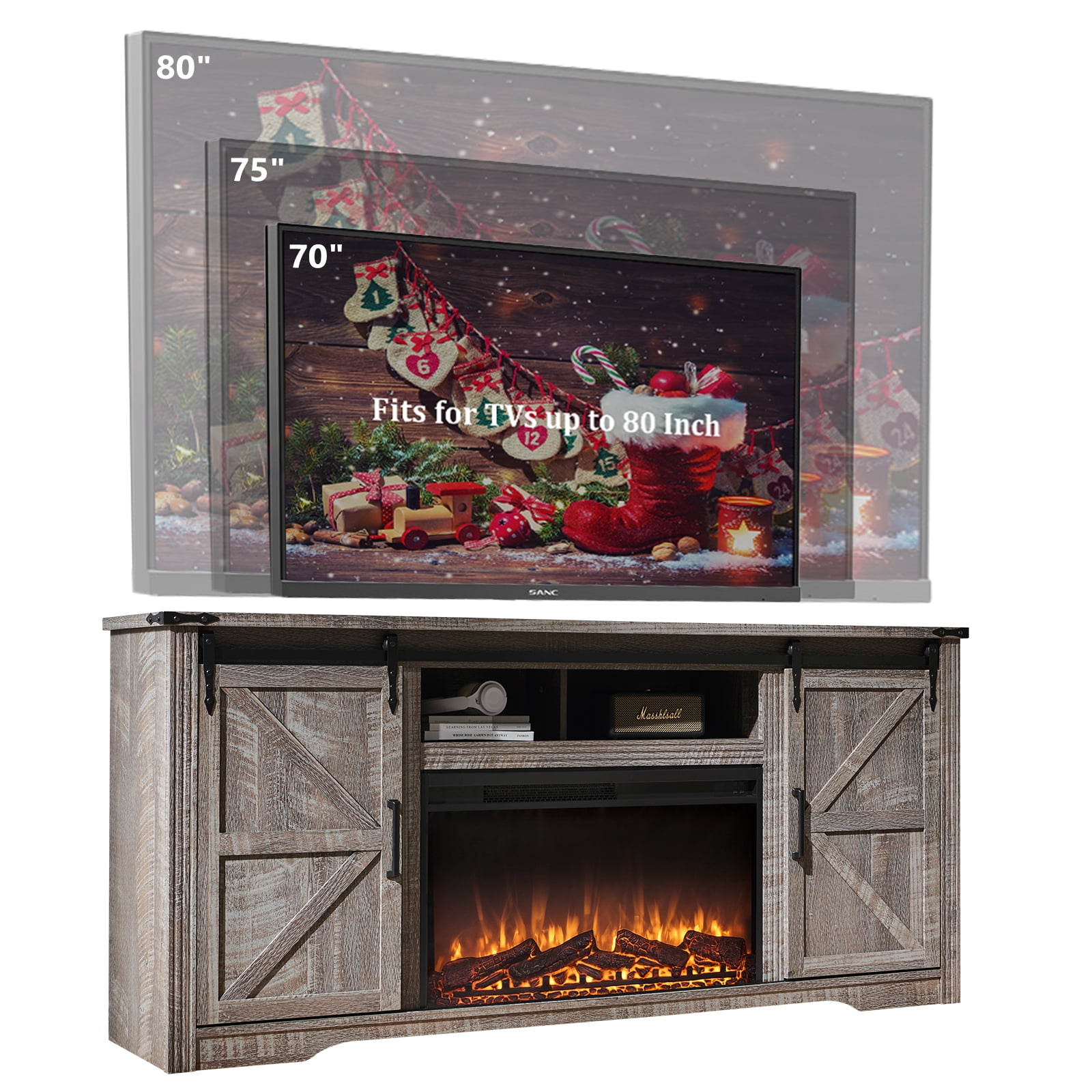 T4TREAM Farmhouse TV Stand for TVs up to 80", Entertainment Center with 30" Electric Fireplace and Sliding Barn Door&4 Drawers Storage Inside,Light Rustic Oak