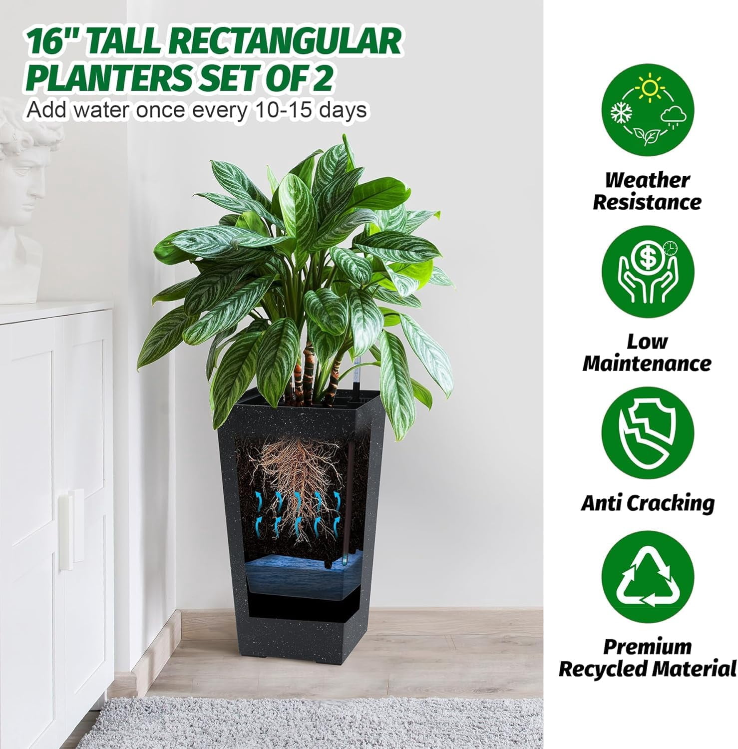 Huisuilinss Tall Planters For Outdoor Plants,Set Of 4 Tapered Pots,16" Resin Flower Pots,Plant Pots With Drainage Holes＆Water Level Monitor＆Inner Bucket For Garden Porch Patio Indoor
