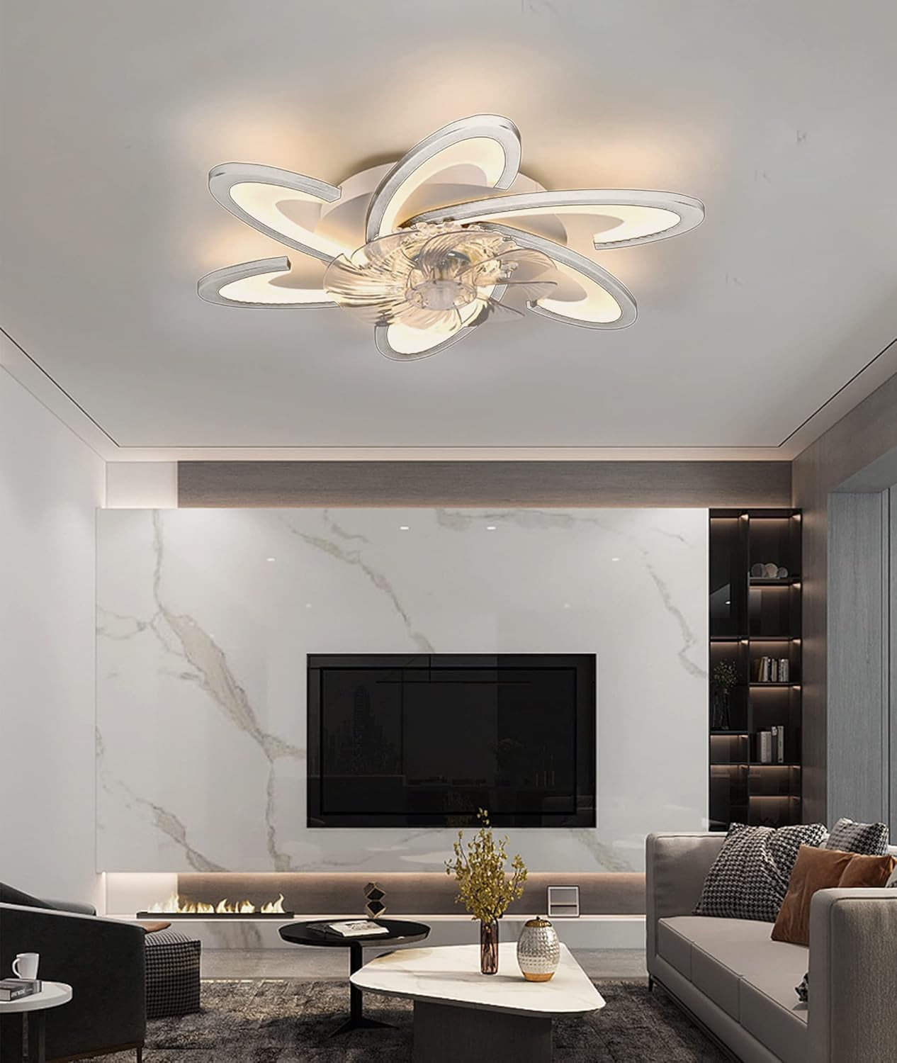 AIPAITELIGHT 26" Modern LED Ceiling Fan with Light, Flush Mount Quiet Fan with Remote & App Control, 6-Speed Reversible Motor, Dimmable 3-Color Lighting for Bedroom/Living Room, White
