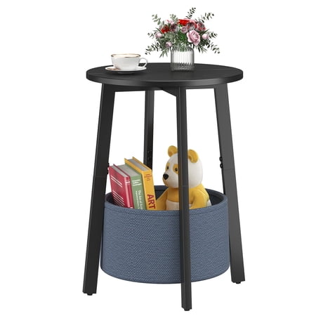 Small Round Side End Table Set of 2 with Cloth Storage Basket Round Bedside Sofa Couch Coffee Tables for Small Places with Metal Frame Modern Nighstands for Living Room Bedroom Grey