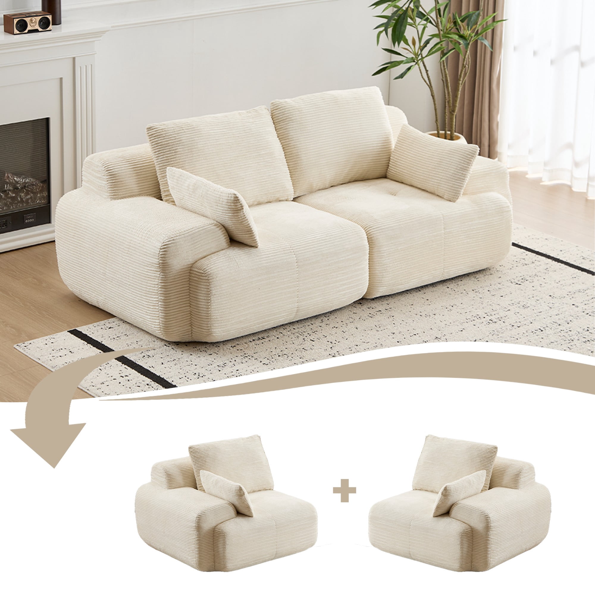 Leumius Modern Compressed Sofa,2 Seater Memory Foam Sofa Couch,Corduroy Extra Deep Loveseat Sofa for Living Room,Beige